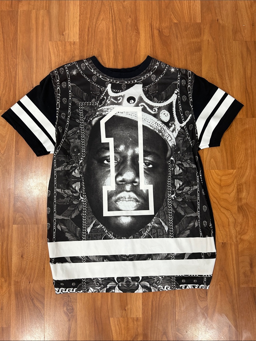 Black Short Sleeve Graphic Tee with Crown Portrait and Number 1